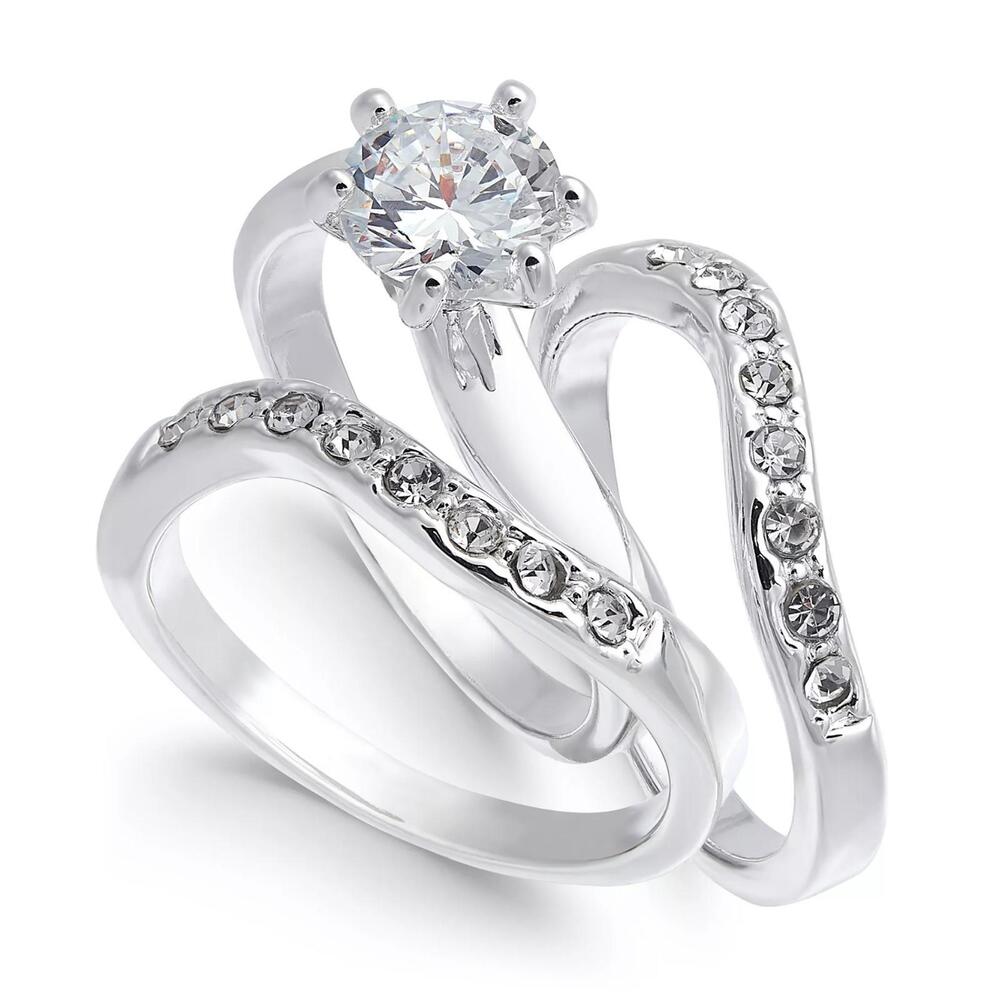 Charter Club Fine Silver Plate Crystal Wavy Ring 3-piece